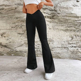 2025 casual sports pants women's summer new style v - waist slim flared pants trousers - Negative Apparel