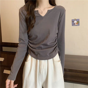 2025 inner wear women's large size design drawstring v - neck straight shoulder T-shirt early spring and autumn short style covering belly slim long sleeve trend - Negative Apparel