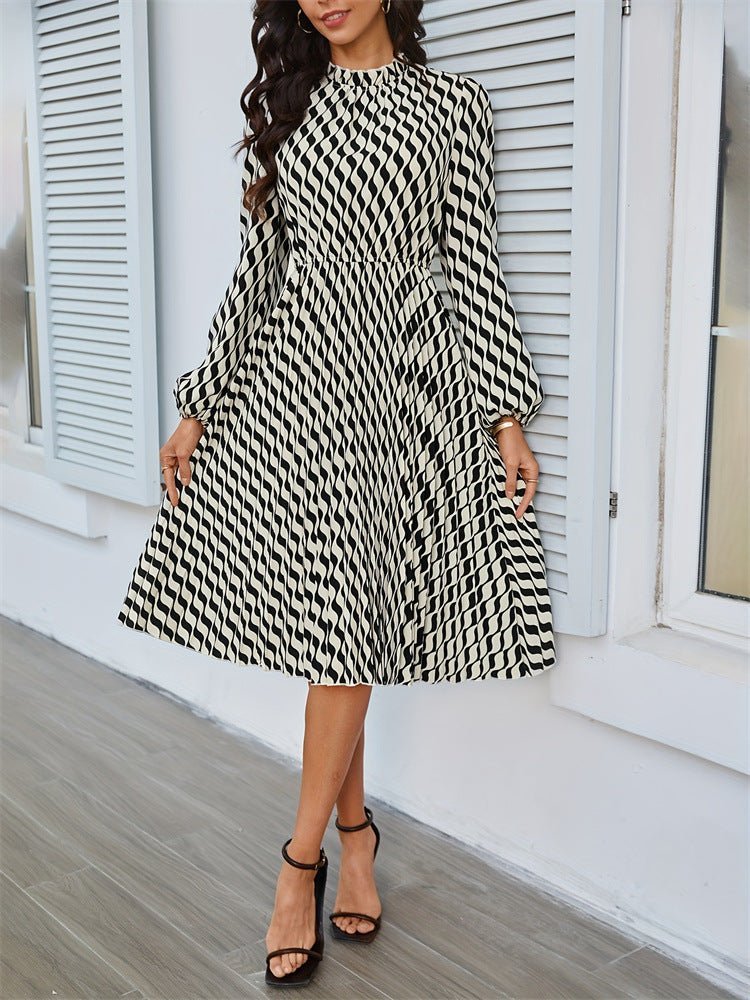 2025 new elegant dress lantern sleeves pleated waist a - line long - sleeved dress - Negative Apparel