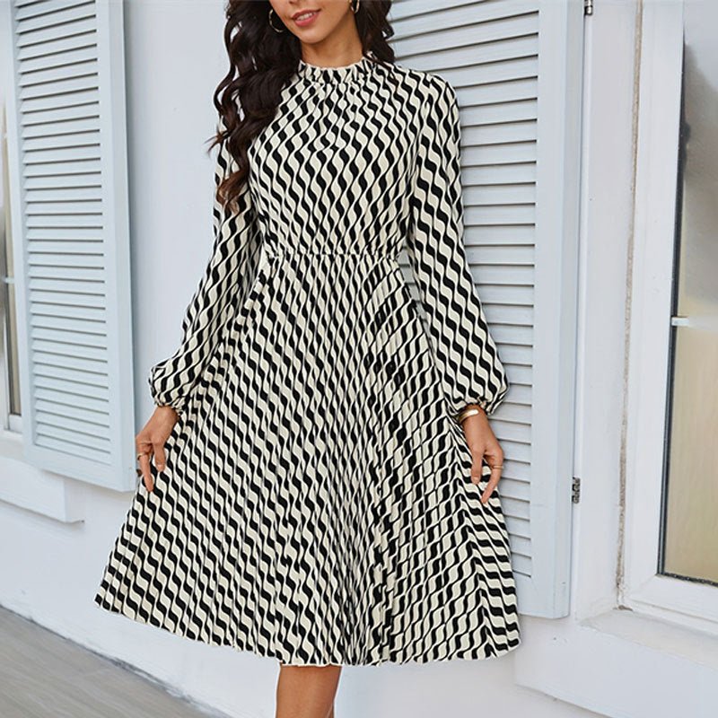2025 new elegant dress lantern sleeves pleated waist a - line long - sleeved dress - Negative Apparel