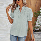 2025 New Striped Shirt Lantern Short - sleeved Shirt Pullover Women's Tops - Negative Apparel