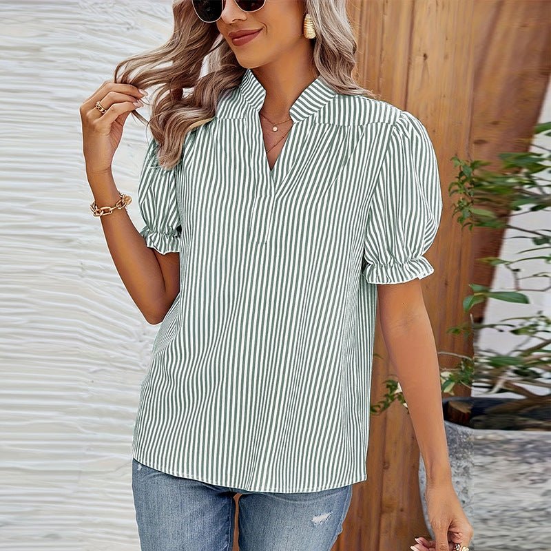 2025 New Striped Shirt Lantern Short - sleeved Shirt Pullover Women's Tops - Negative Apparel