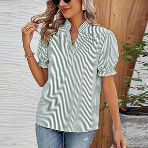 2025 New Striped Shirt Lantern Short - sleeved Shirt Pullover Women's Tops - Negative Apparel