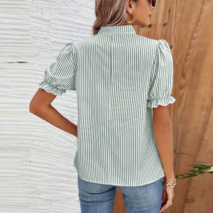2025 New Striped Shirt Lantern Short - sleeved Shirt Pullover Women's Tops - Negative Apparel