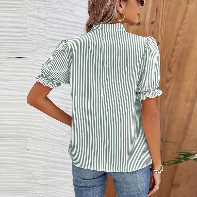 2025 New Striped Shirt Lantern Short - sleeved Shirt Pullover Women's Tops - Negative Apparel