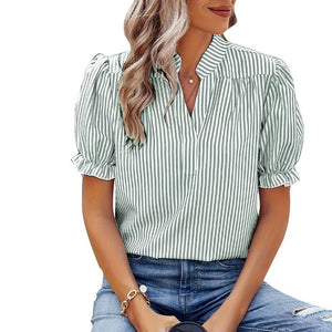 2025 New Striped Shirt Lantern Short - sleeved Shirt Pullover Women's Tops - Negative Apparel