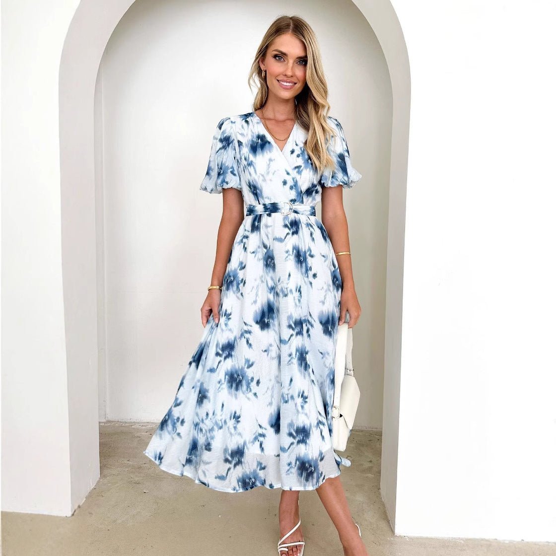 2025 Spring and Summer Long Women's Clothing Puff Sleeves High - end Printed Sxy Style Women's Clothing V - neck Dress Women - Negative Apparel