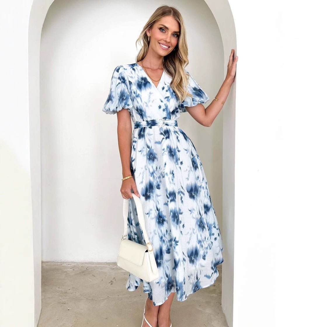 2025 Spring and Summer Long Women's Clothing Puff Sleeves High - end Printed Sxy Style Women's Clothing V - neck Dress Women - Negative Apparel
