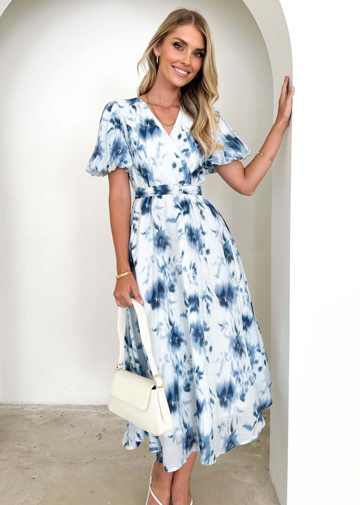 2025 Spring and Summer Long Women's Clothing Puff Sleeves High - end Printed Sxy Style Women's Clothing V - neck Dress Women - Negative Apparel