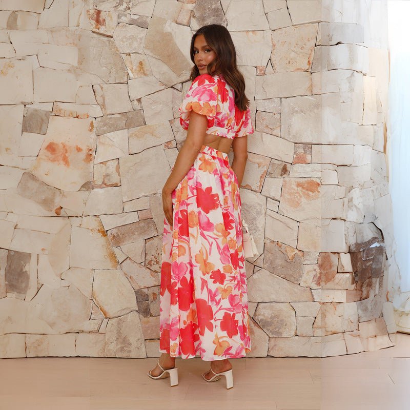 2025 spring and summer new fresh and elegant floral large swing backless design dress - Negative Apparel