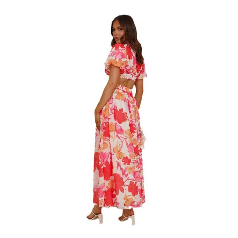 2025 spring and summer new fresh and elegant floral large swing backless design dress - Negative Apparel