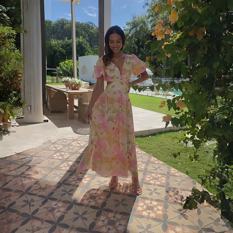 2025 spring and summer new fresh and elegant floral large swing backless design dress - Negative Apparel