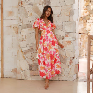 2025 spring and summer new fresh and elegant floral large swing backless design dress - Negative Apparel