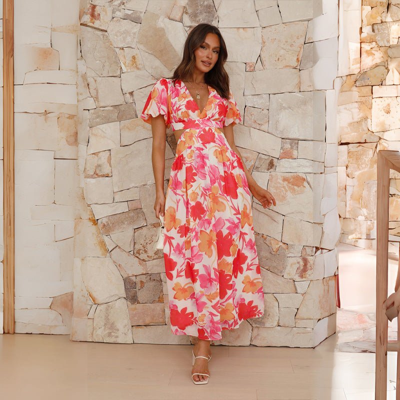 2025 spring and summer new fresh and elegant floral large swing backless design dress - Negative Apparel