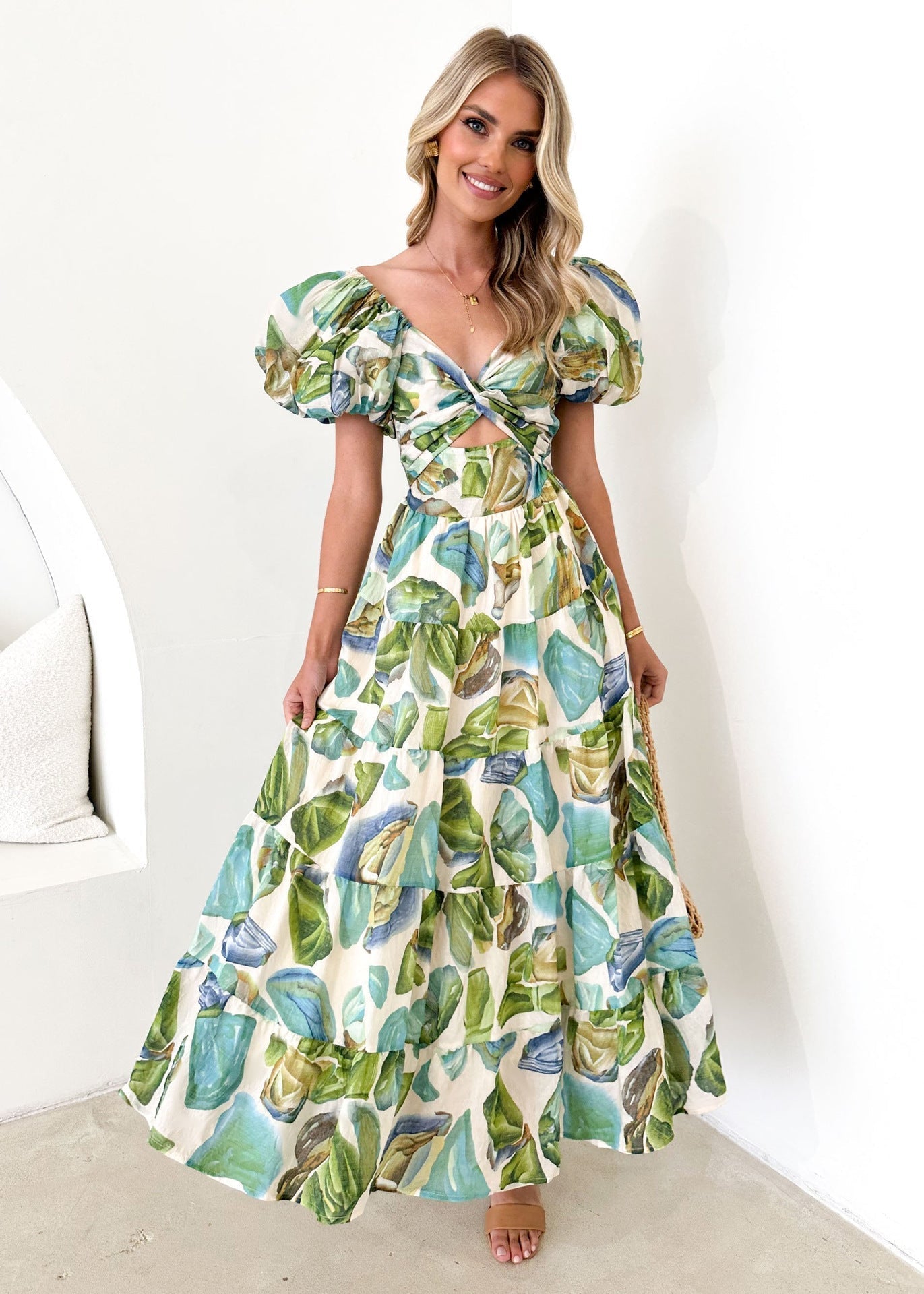 2025 summer new European vacay print waist puff sleeves large swing dress for women - Negative Apparel
