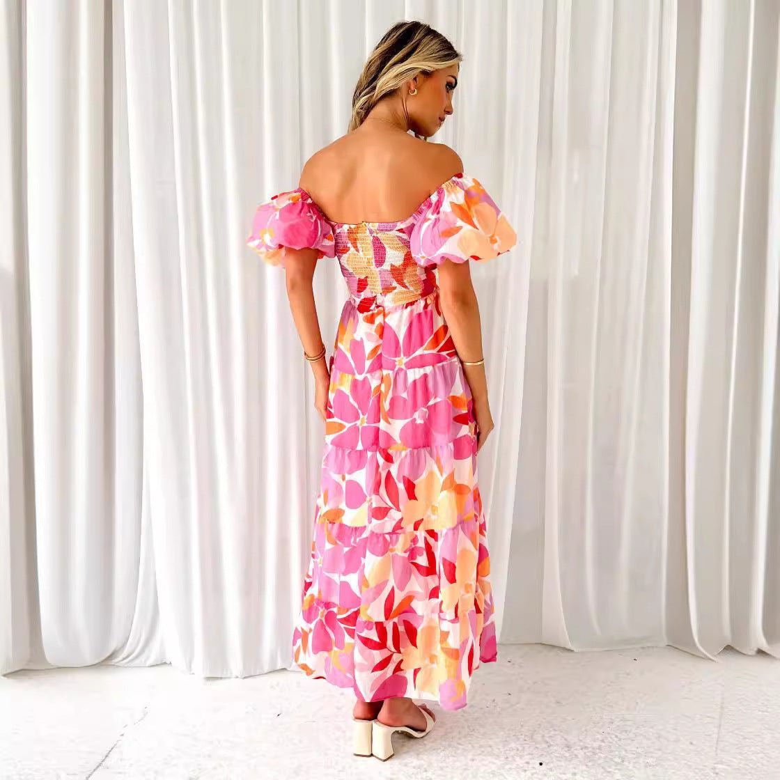 2025 summer new European vacay print waist puff sleeves large swing dress for women - Negative Apparel