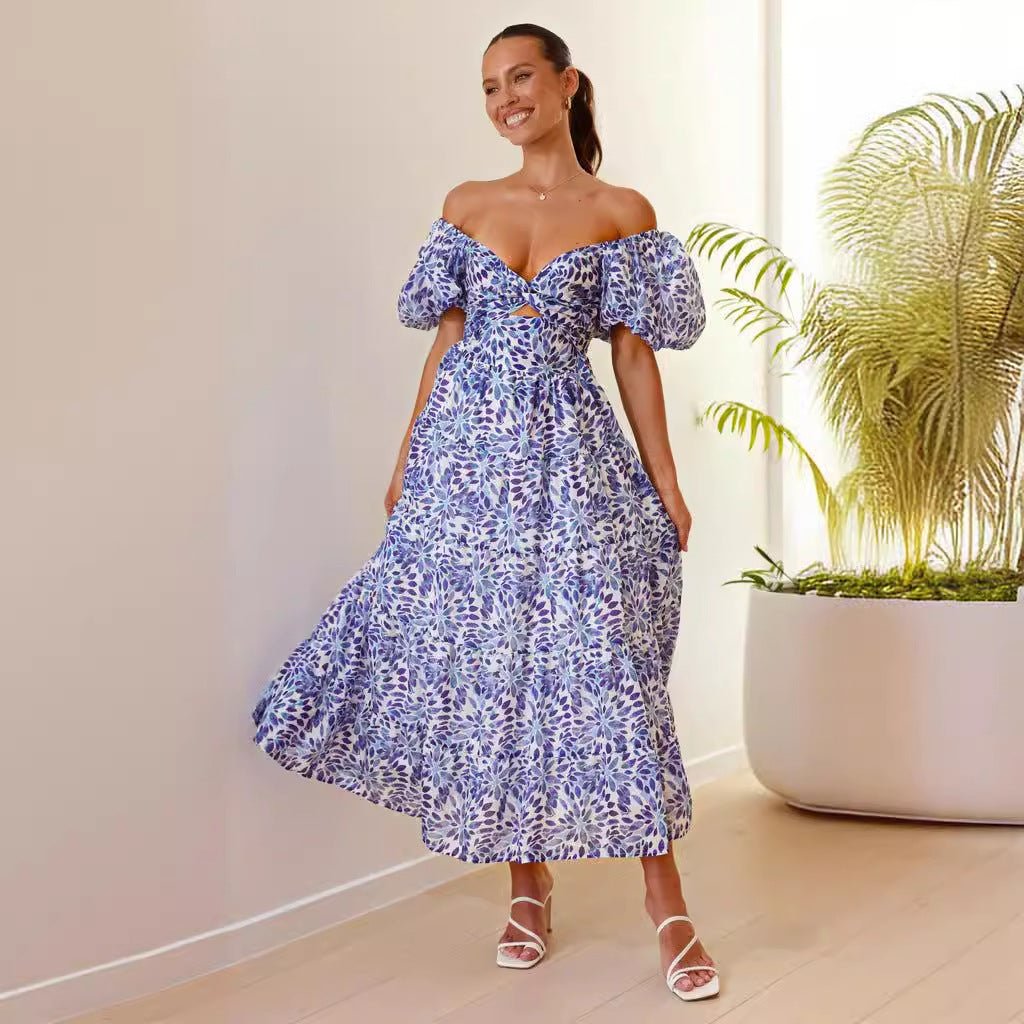 2025 summer new European vacay print waist puff sleeves large swing dress for women - Negative Apparel