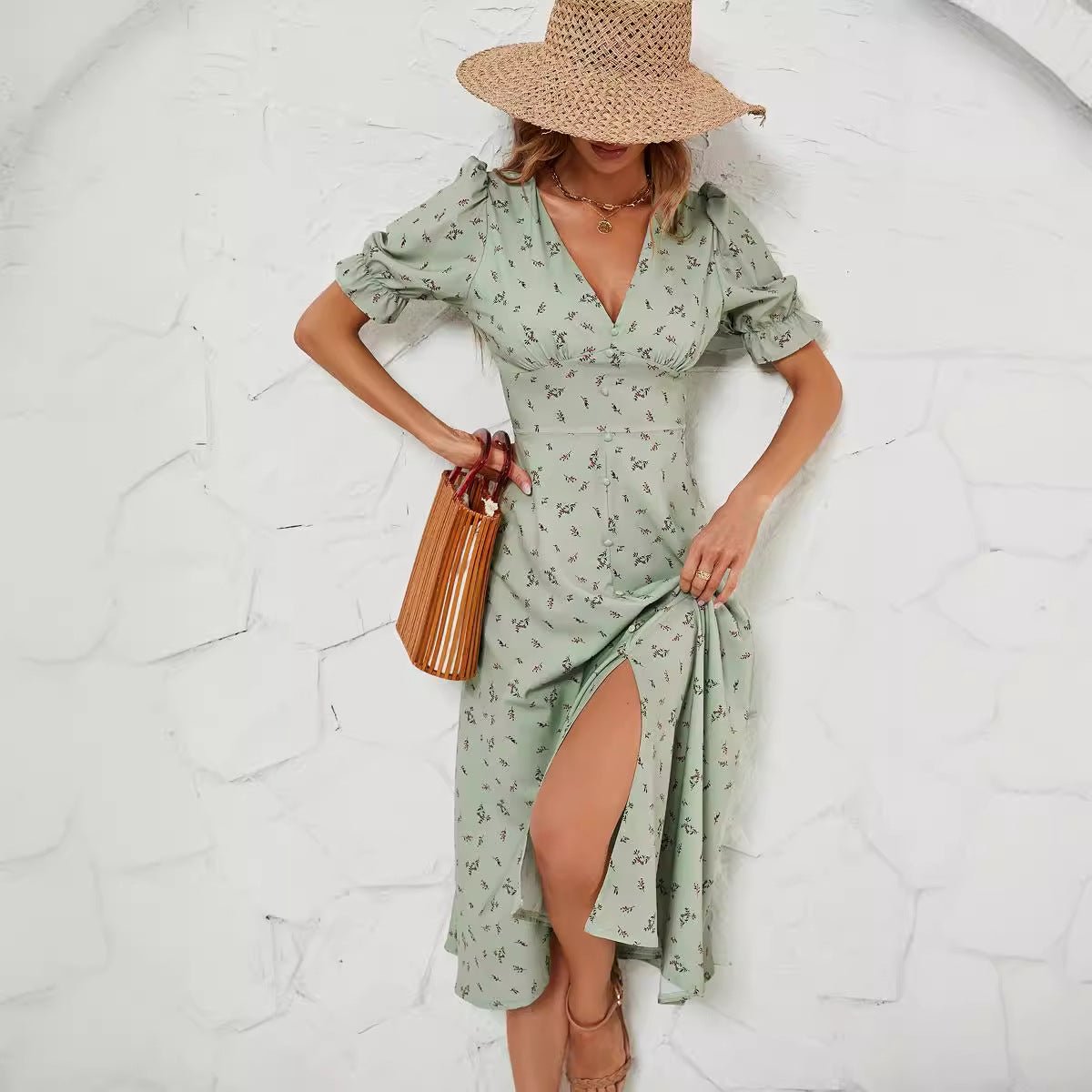 American summer printed button waist floral dress female - Negative Apparel