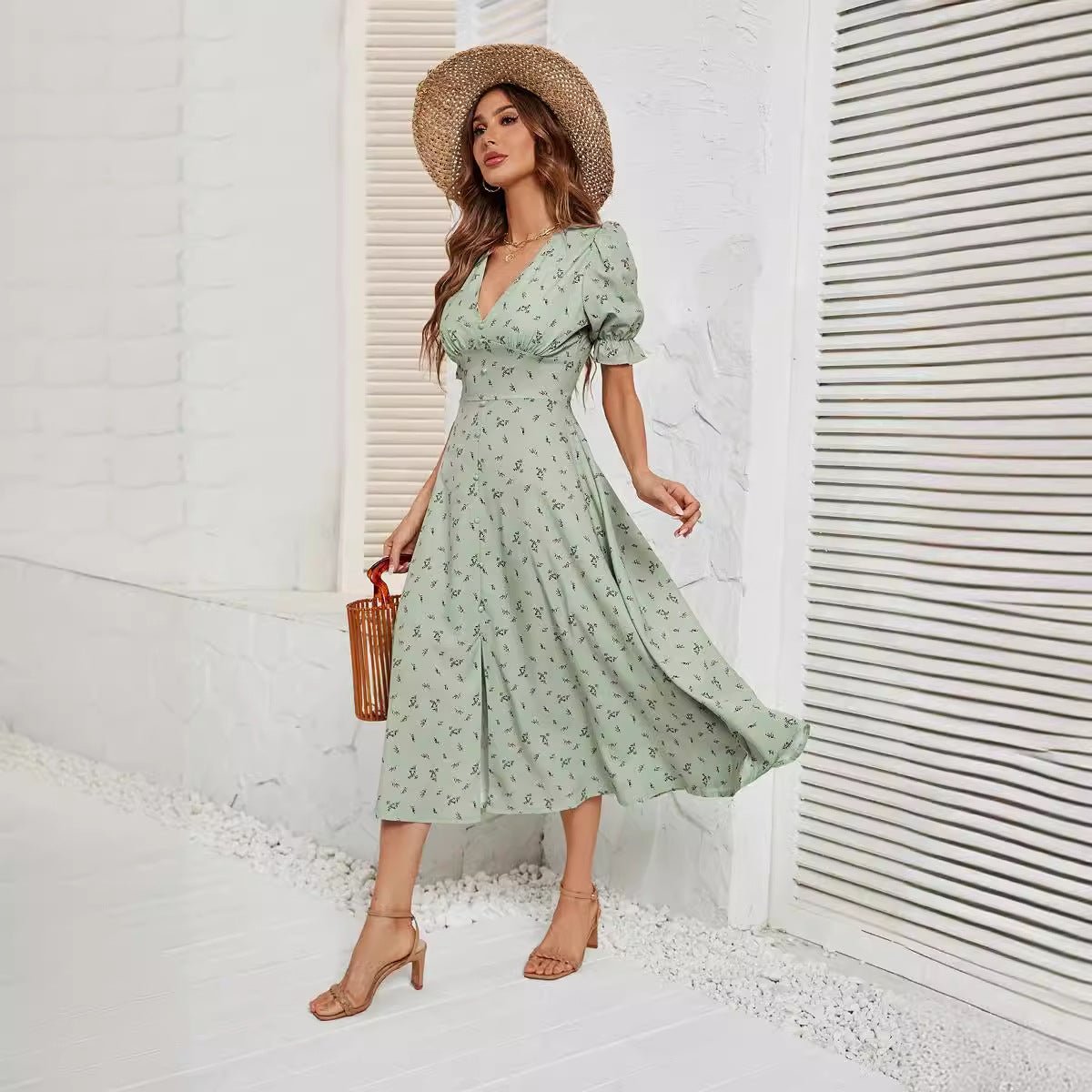 American summer printed button waist floral dress female - Negative Apparel