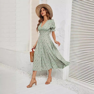 American summer printed button waist floral dress female - Negative Apparel