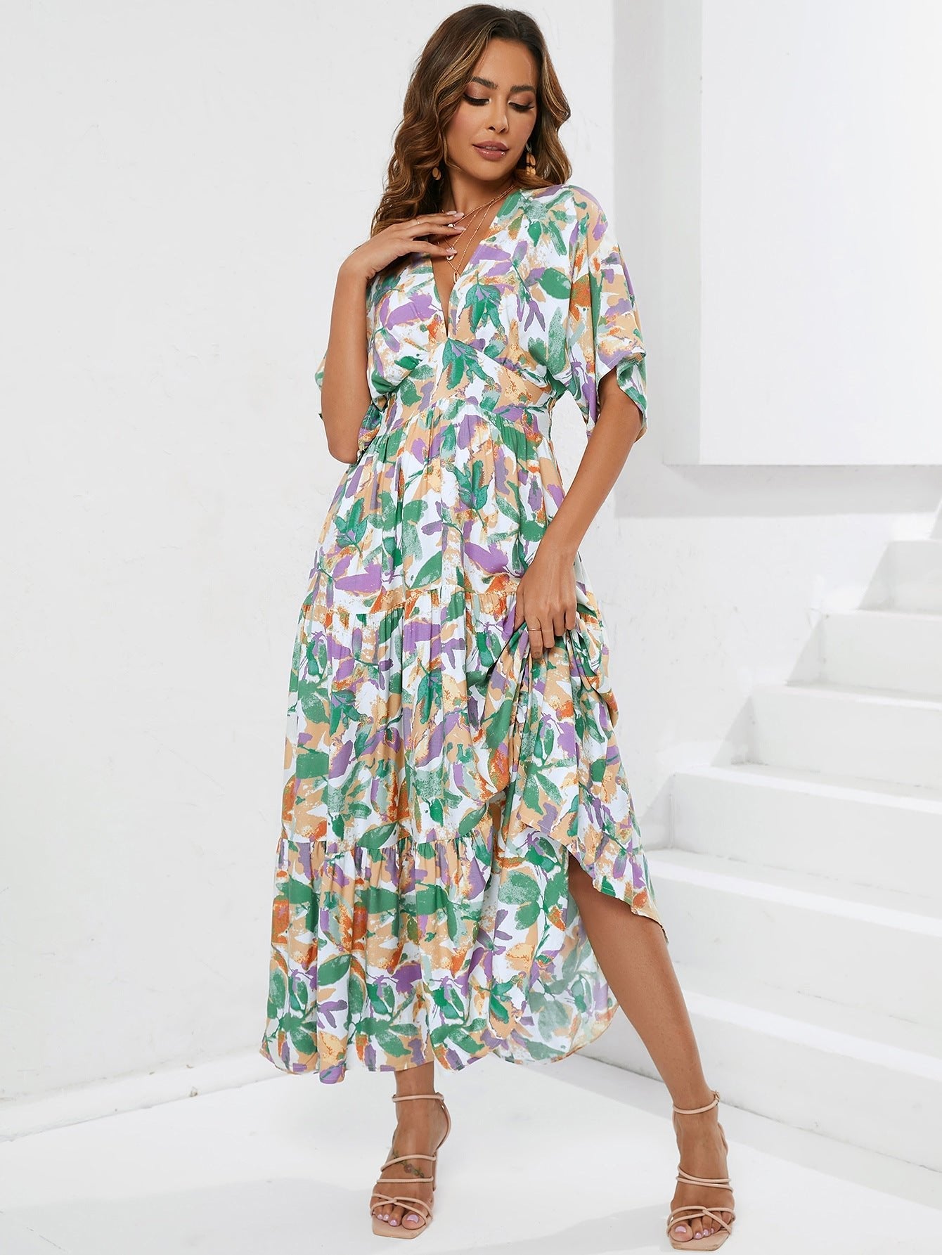 Bat sleeve V - neck waist long skirt beach holiday dress - Negative Apparel