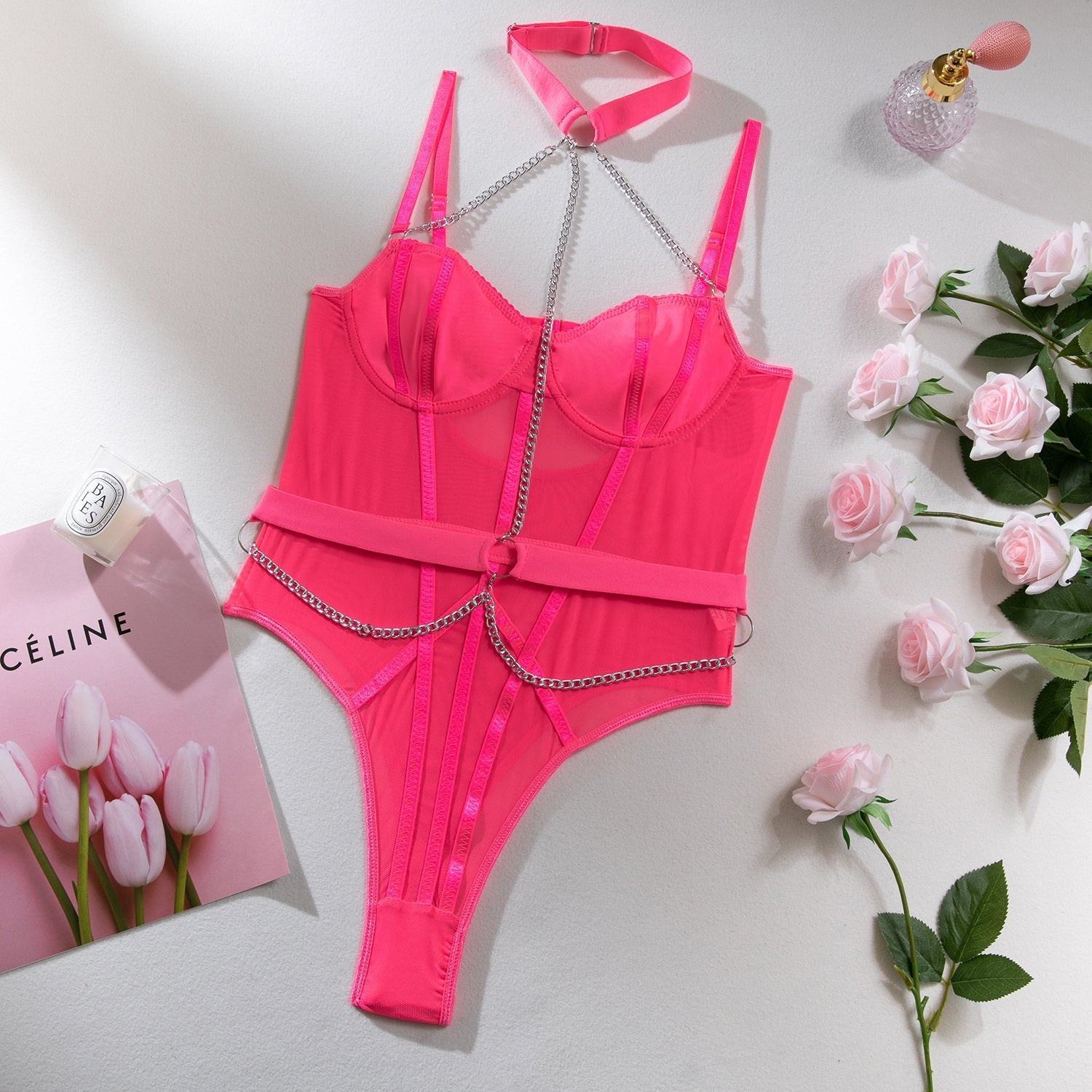 Body shaping slimming gathered comfortable sxy belt metal halter neck bodysuit lingerie - Negative Apparel