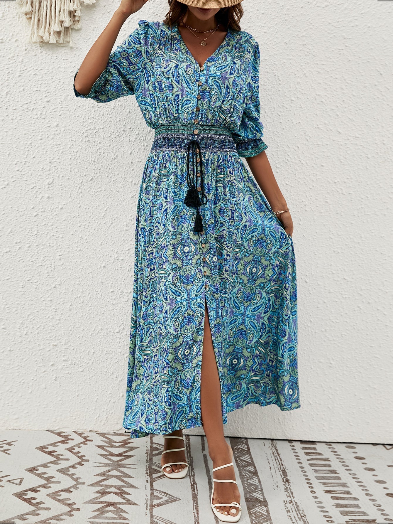Cotton three - quarter sleeve waisted Bohemian leisure vacation beach dress - Negative Apparel