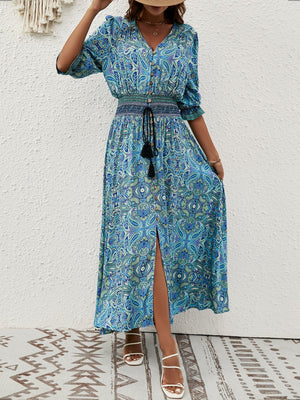 Cotton three - quarter sleeve waisted Bohemian leisure vacation beach dress - Negative Apparel