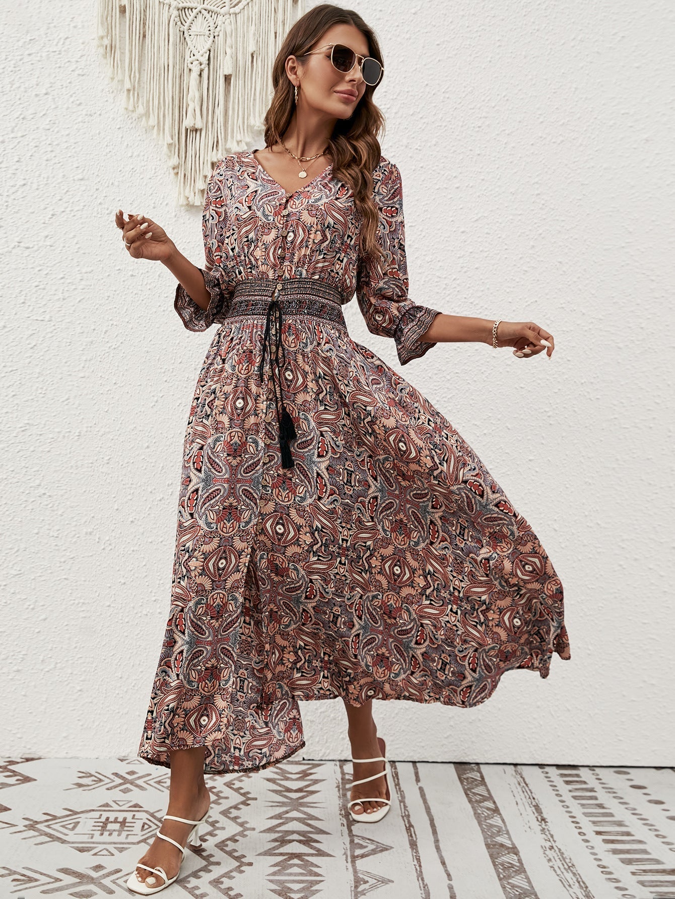 Cotton three - quarter sleeve waisted Bohemian leisure vacation beach dress - Negative Apparel