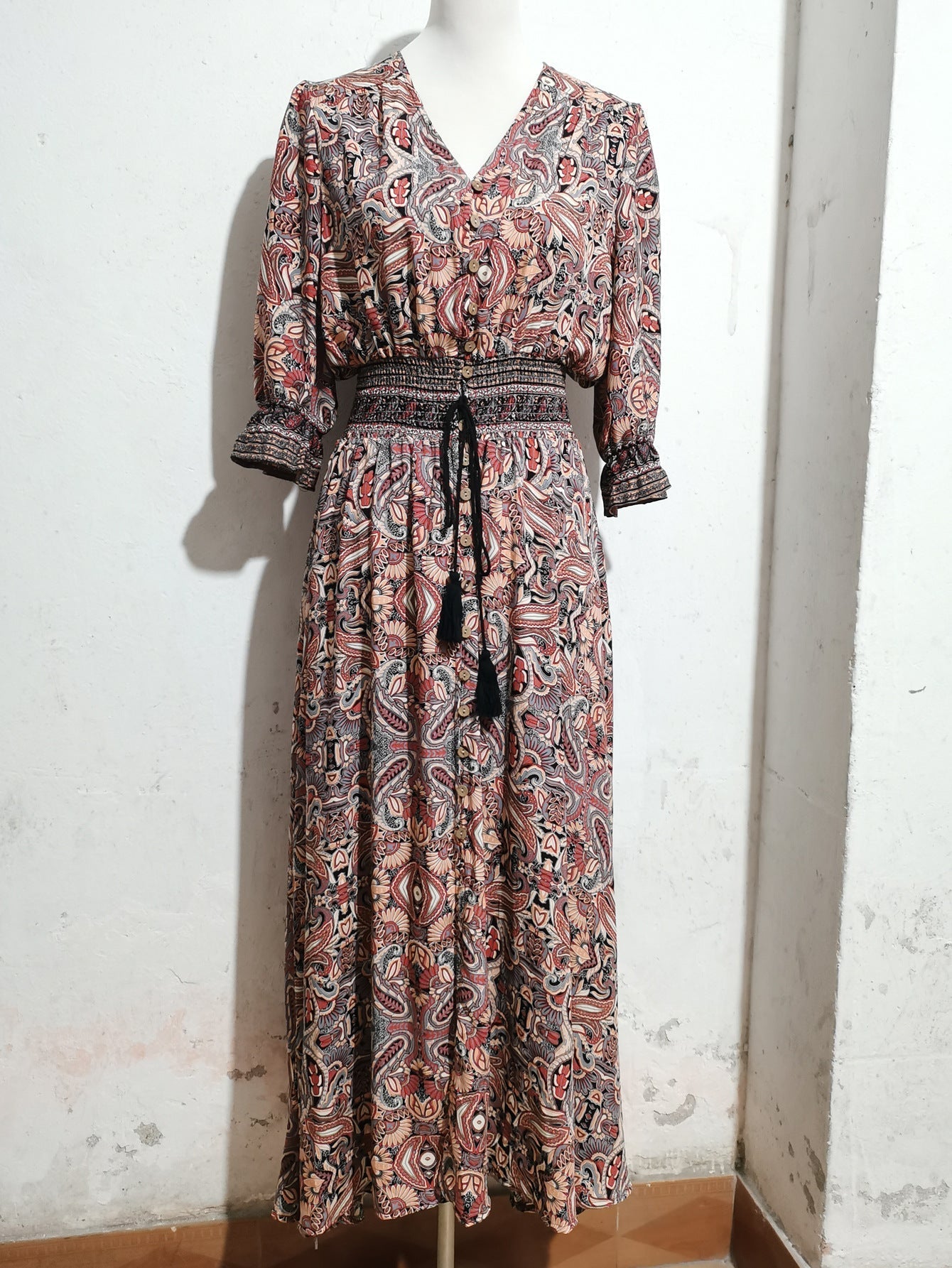 Cotton three - quarter sleeve waisted Bohemian leisure vacation beach dress - Negative Apparel