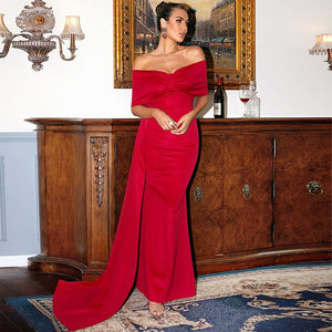 Elegant red satin one - shoulder short - sleeved long high - end wrapped chest evening dress - Negative Apparel