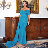 Elegant red satin one - shoulder short - sleeved long high - end wrapped chest evening dress - Negative Apparel