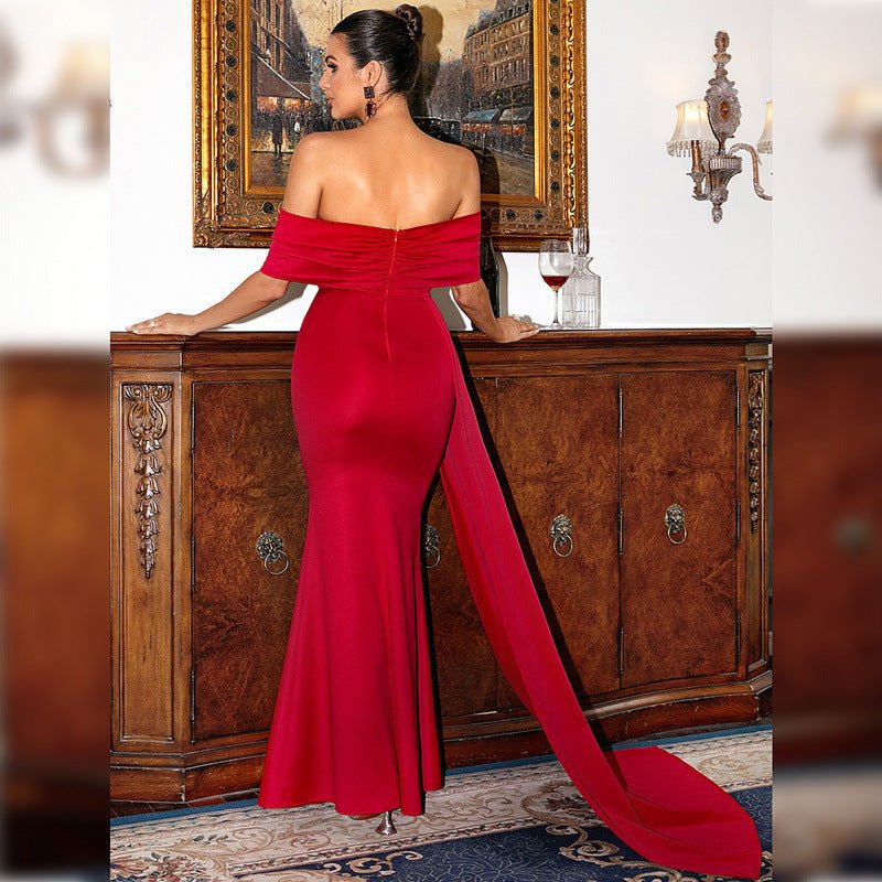 Elegant red satin one - shoulder short - sleeved long high - end wrapped chest evening dress - Negative Apparel