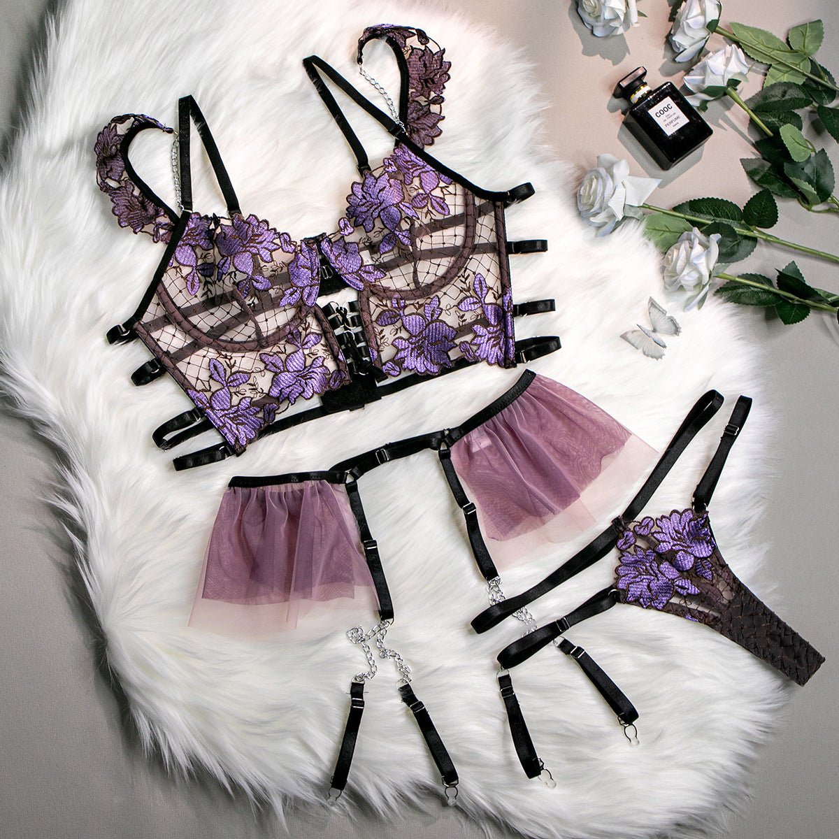 Embroidered flowers gathered cute metal pendant four - piece set - Negative Apparel