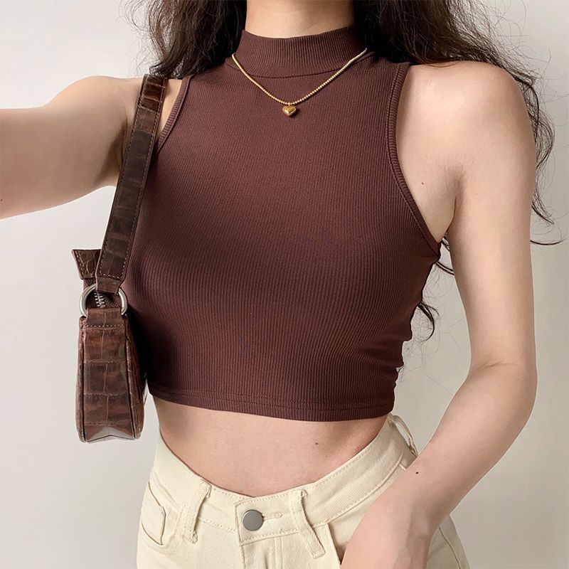 European and American summer new retro small high collar vest women's elastic slim fit short style navel - exposed sleeveless sports top - Negative Apparel