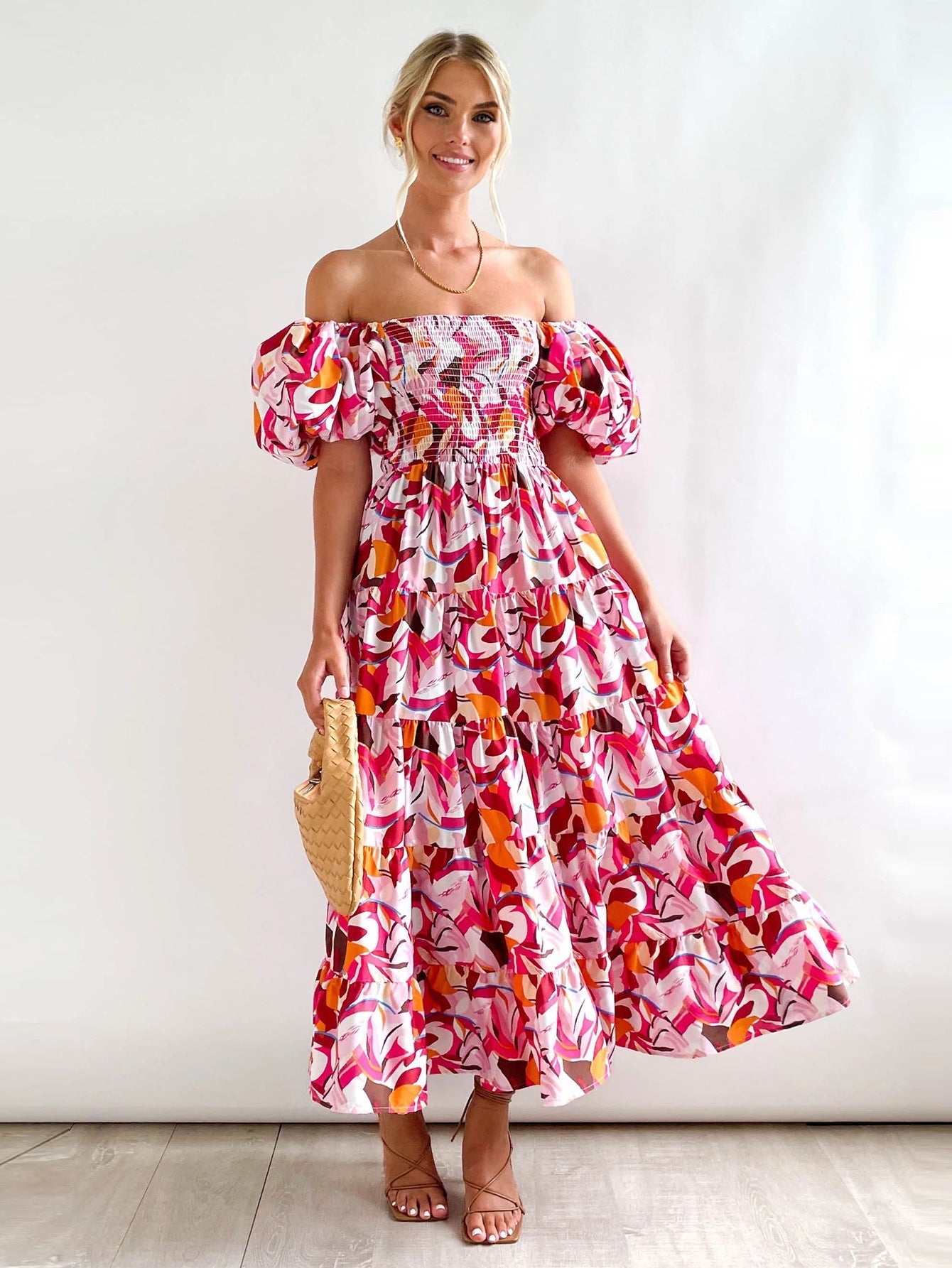 European spring and summer new trendy one - shoulder printed puffy dress bubble sleeve dress - Negative Apparel