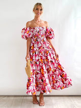 European spring and summer new trendy one - shoulder printed puffy dress bubble sleeve dress - Negative Apparel