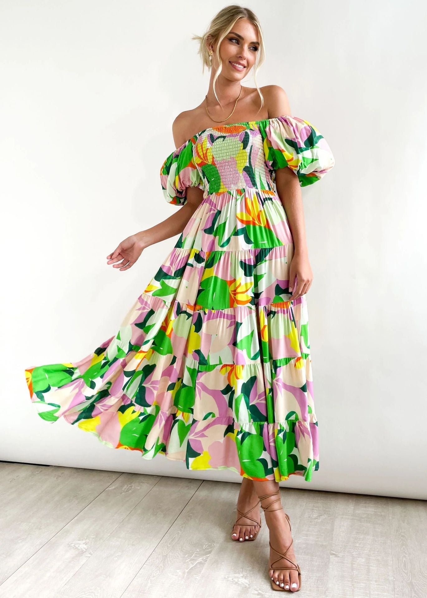 European spring and summer new trendy one - shoulder printed puffy dress bubble sleeve dress - Negative Apparel