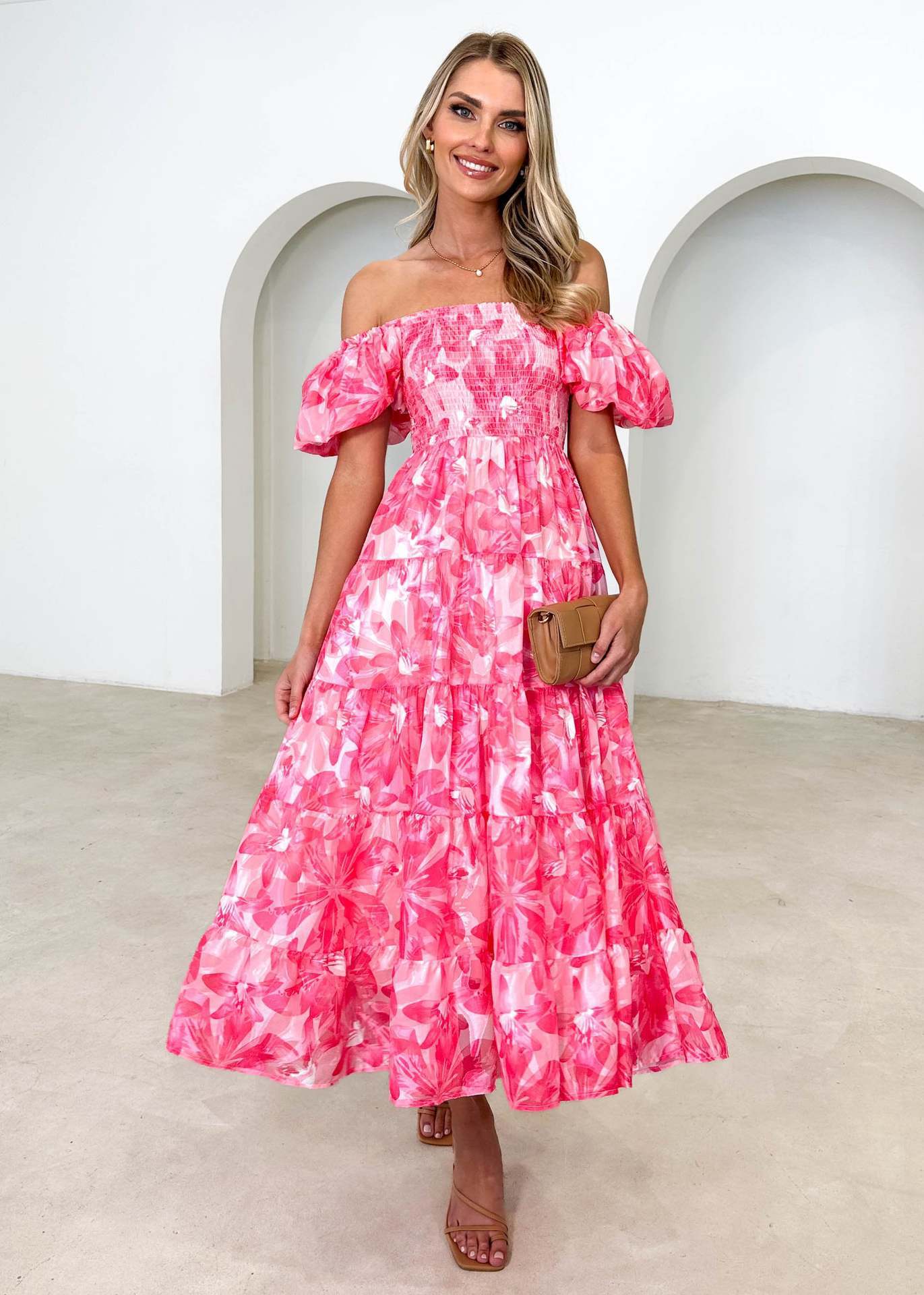 European spring and summer new trendy one - shoulder printed puffy dress bubble sleeve dress - Negative Apparel