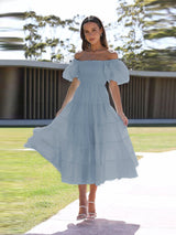 European spring and summer new trendy one - shoulder printed puffy dress bubble sleeve dress - Negative Apparel
