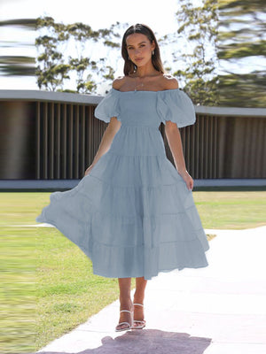 European spring and summer new trendy one - shoulder printed puffy dress bubble sleeve dress - Negative Apparel