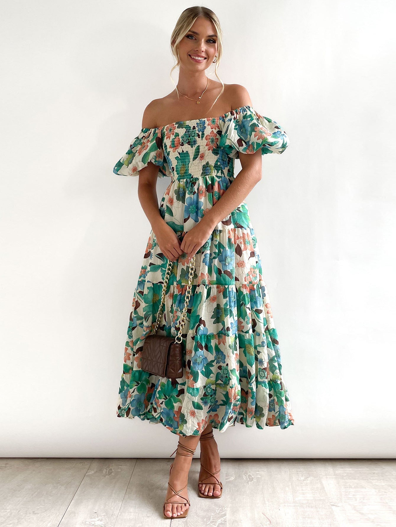 European spring and summer new trendy one - shoulder printed puffy dress bubble sleeve dress - Negative Apparel