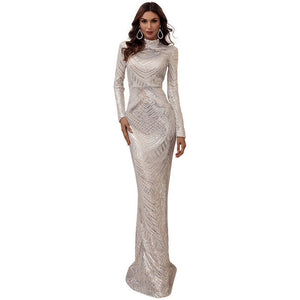 Evening dress banquet sequin round neck long sleeve dress bridesmaid dress - Negative Apparel
