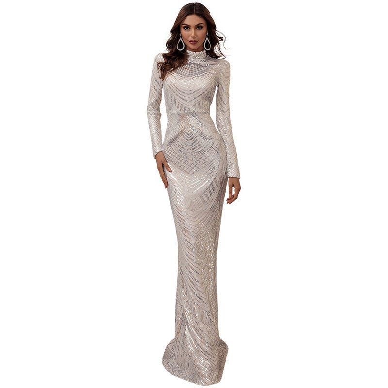 Evening dress banquet sequin round neck long sleeve dress bridesmaid dress - Negative Apparel
