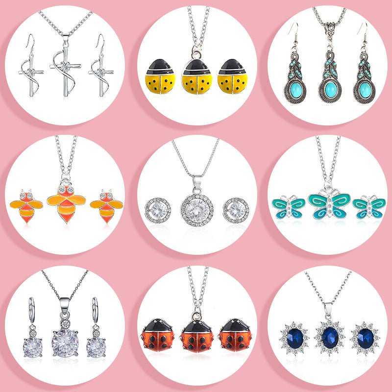 Fashionable and popular jewelry set, elegant diamond zircon necklace, earrings and ring combination set, bridal party accessories - Negative Apparel