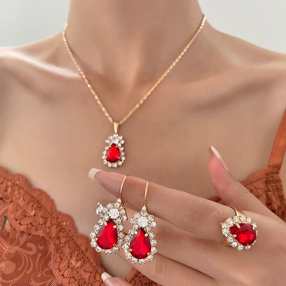 Fashionable and popular jewelry set, elegant diamond zircon necklace, earrings and ring combination set, bridal party accessories - Negative Apparel
