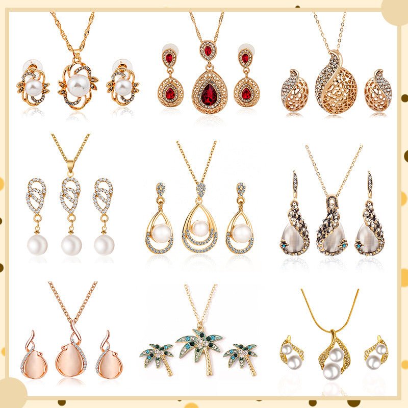 Fashionable and popular jewelry set, elegant diamond zircon necklace, earrings and ring combination set, bridal party accessories - Negative Apparel