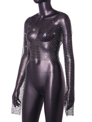 Fishnet rhinestone V - neck blouse long - sleeved sexy top - Negative Apparel