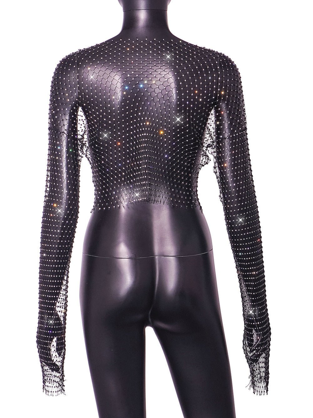 Fishnet rhinestone V - neck blouse long - sleeved sexy top - Negative Apparel