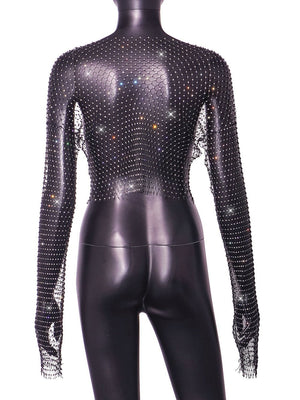 Fishnet rhinestone V - neck blouse long - sleeved sexy top - Negative Apparel